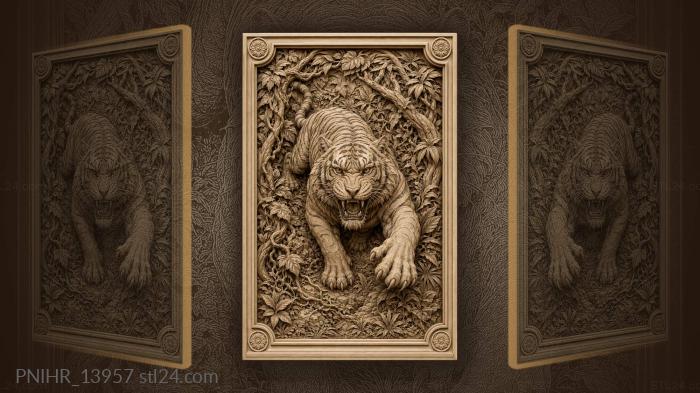 Tiger bursting out of tangled branches 3d STL model