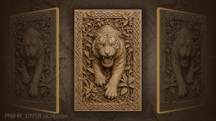 Snarling tiger emerges through tangled foliage 3d STL model
