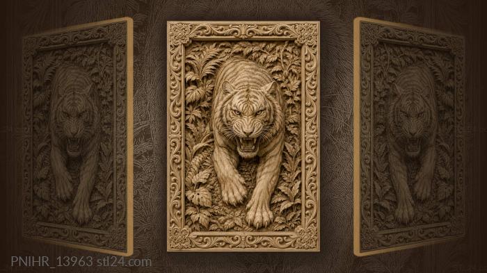 Tiger leaning forward through thick greenery 3d STL model