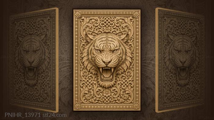 Fierce tiger head floral border 3d STL model