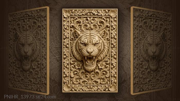 Fierce tiger head floral frame 3d STL model