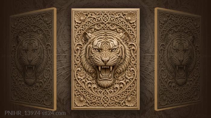 Fierce tiger head in ornament 3d STL model