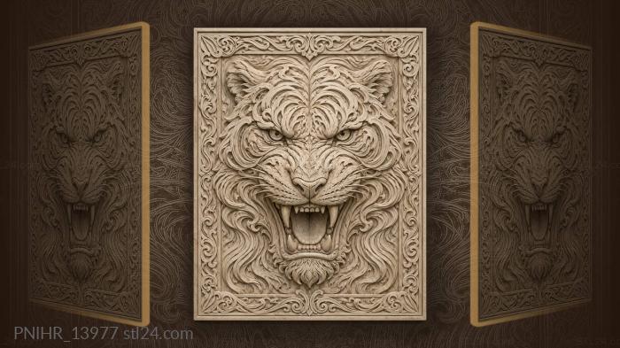 Fierce tiger head with scroll border 3d STL model