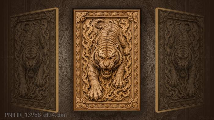 Tiger ringed by swirling flame patterns 3d STL model