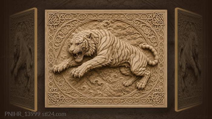 Leaping tiger in guilloche frame 3d STL model