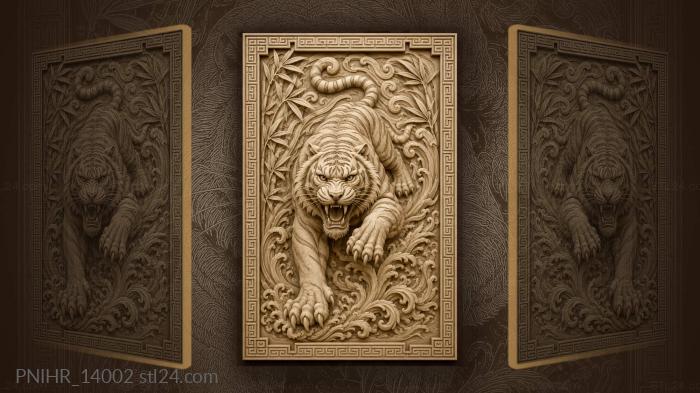 Tiger leaping through curling grass patterns 3d STL model