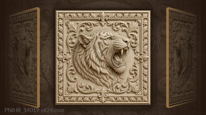 Upturned tiger snarls beneath corner lilies 3d STL model
