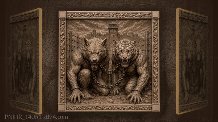 Wolf and tiger chained together 3d STL model