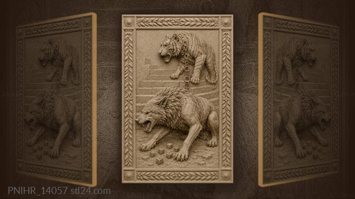 Tiger climbing stairs behind crouching wolf 3d STL model