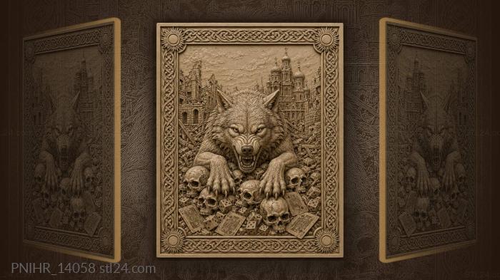 Wolf treading skulls before a ruined church 3d STL model