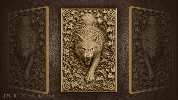 Wolf in ivy with round moon 3d STL model