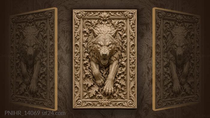 Wolf pushing aside curling leafy vines 3d STL model