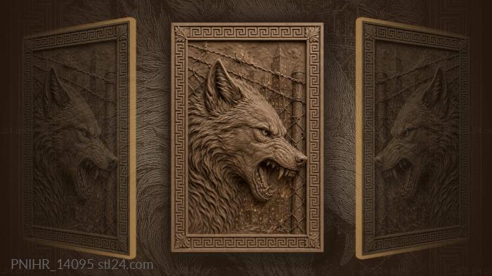 Wolf at barbed wire of burning city 3d STL model