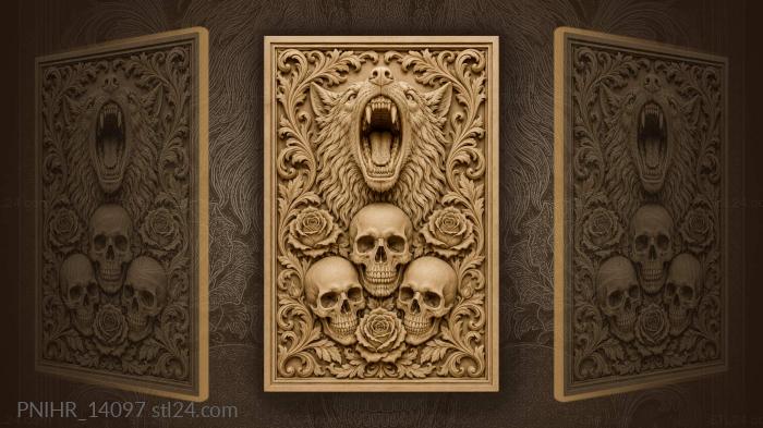 Wolf above three skulls and roses 3d STL model