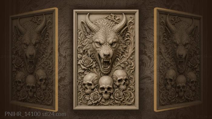 Horned wolf above three skulls in roses 3d STL model
