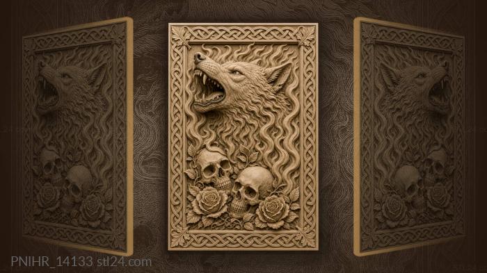 Wolf from fire above skulls in roses 3d STL model