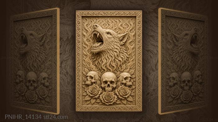 Three skulls and three roses under wolf 3d STL model