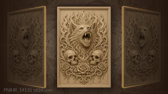 Fiery beast above a pair of skulls 3d STL model