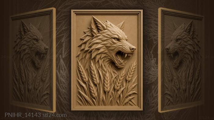 Faceted wolf above wheat stalks 3d STL model