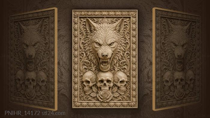 Wolf above skulls and a scarlet rose 3d STL model