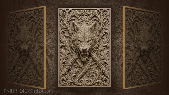 Crossed branches behind a wolf face 3d STL model