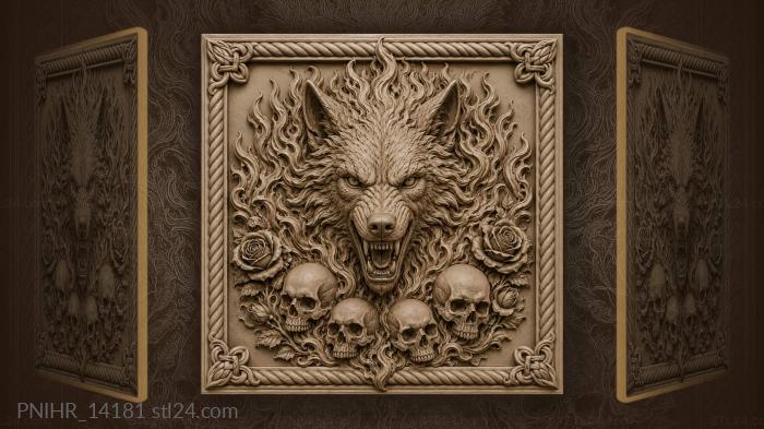 Wolf mane blazing above four skulls 3d STL model