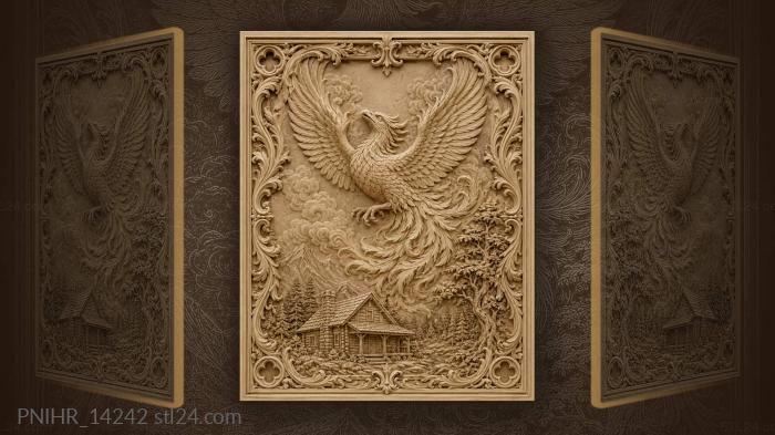 Phoenix rising above mountain cabin 3d STL model