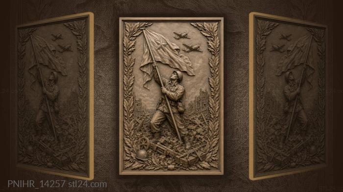 Flag raised over rubble beneath airplanes 3d STL model