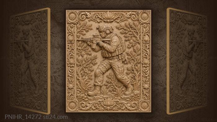 Soldier with a rifle moves through pine branches 3d STL model