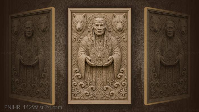Shaman with a drum between wolf heads 3d STL model