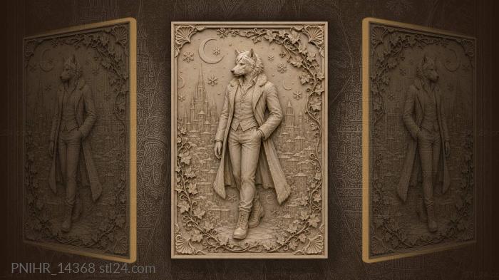 White haired wolf in snowy city 3d STL model