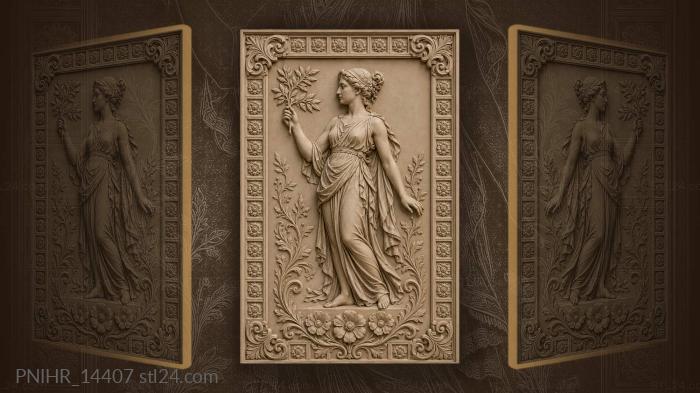 Girl lifting a leafy branch above blossoms 3d STL model