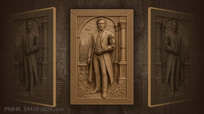 Man with a mechanical arm before a city 3d STL model