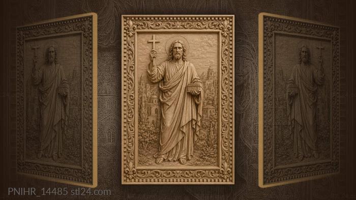 Holy man with small casket before city 3d STL model