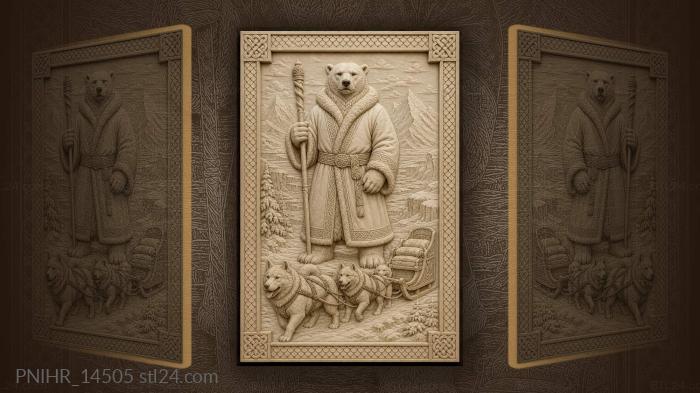 Polar bear with staff and sled dogs 3d STL model