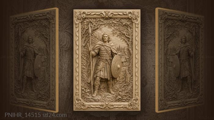 Warrior with spear before a forest village 3d STL model