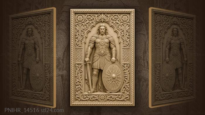 Sunburst shield beside a swordsman 3d STL model