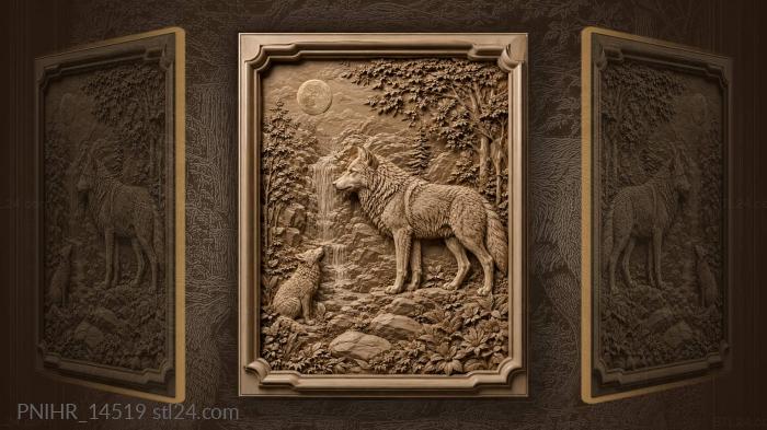 Two wolves by waterfall under moon 3d STL model