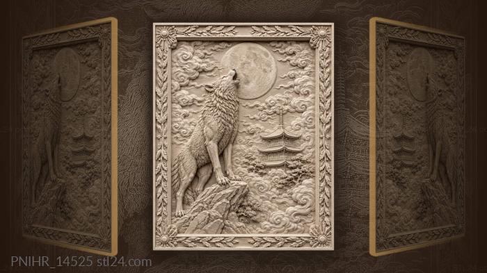 Wolf beneath a red moon near pagoda 3d STL model
