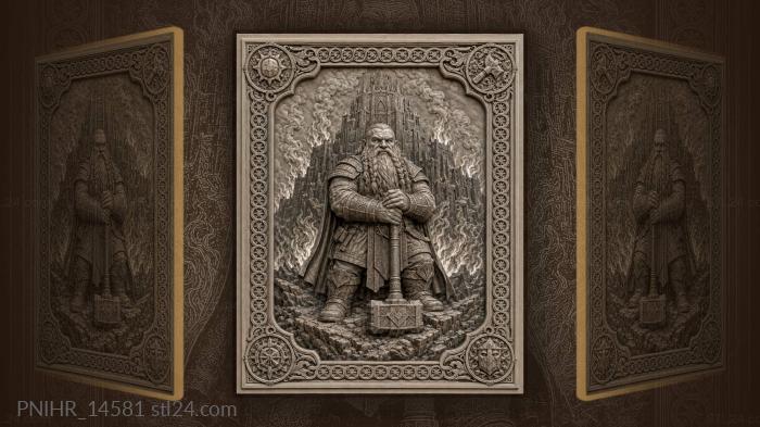 Dark fortress in smoke behind a dwarf 3d STL model
