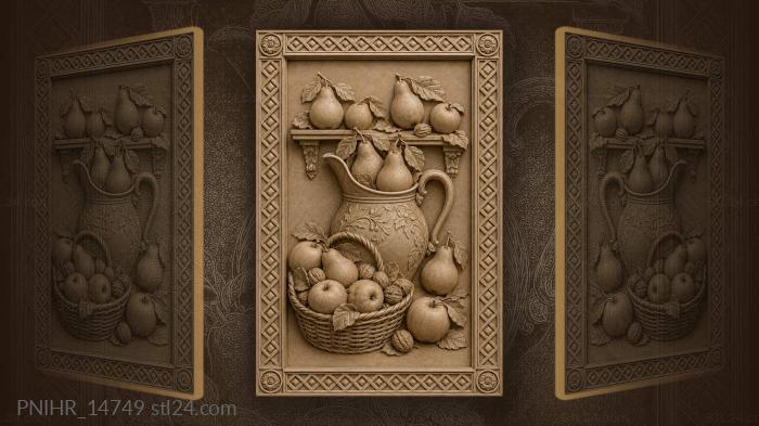 Pitcher of pears beside a basket of apples 3d STL model