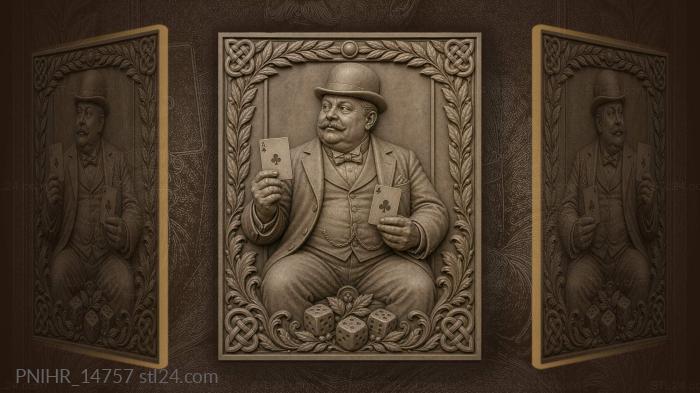 Bowler-hatted gambler deals clubs beside dice 3d STL model