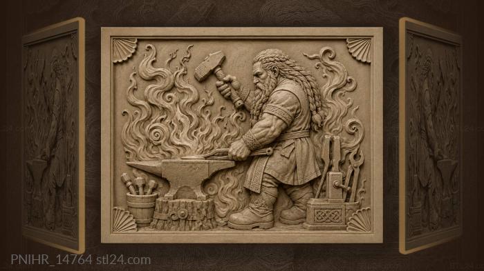 Bearded dwarf raises a hammer over the anvil 3d STL model