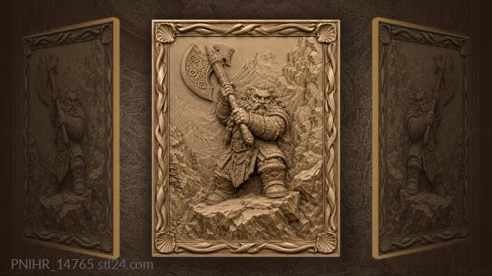 Sturdy gnome raising an axe in the mountains 3d STL model