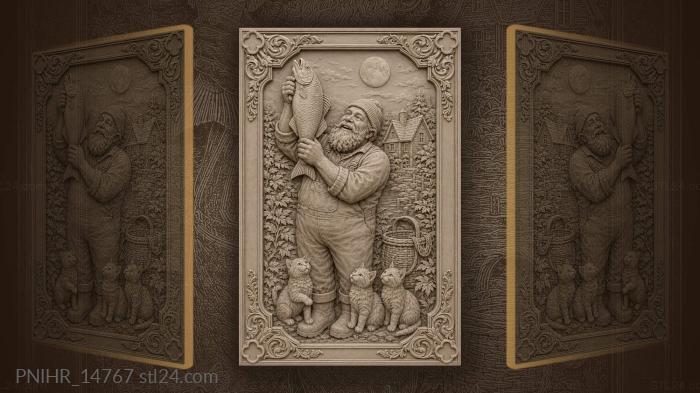 Three kittens watching the lifted fish 3d STL model