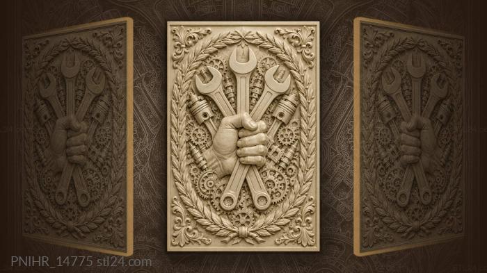 Fist holding three wrenches among engine parts 3d STL model