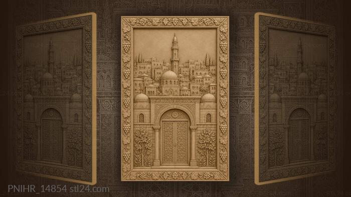 Minaret above tiered houses and ornate doors 3d STL model