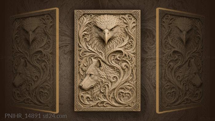 Wolf emerges beneath eagle through feathered branches 3d STL model
