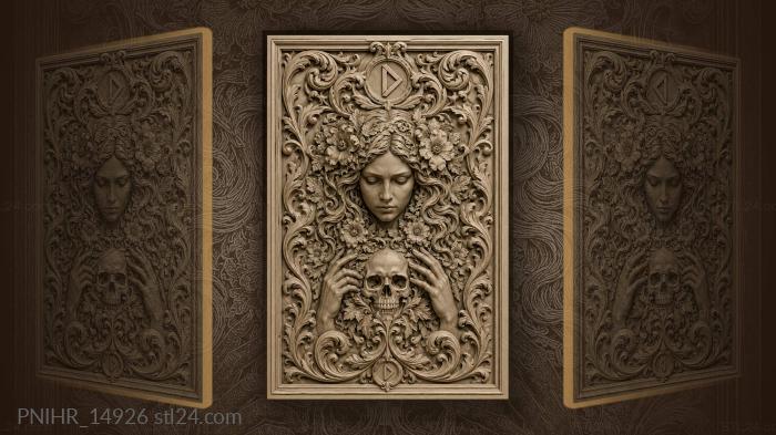 Maiden face above a skull and runes 3d STL model