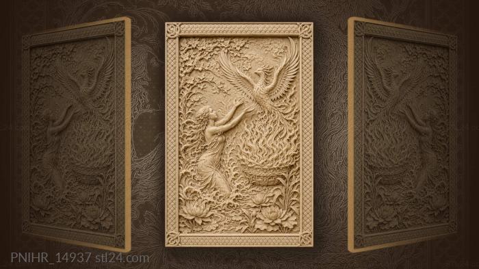 Girl reaching toward bird from flaming basket 3d STL model